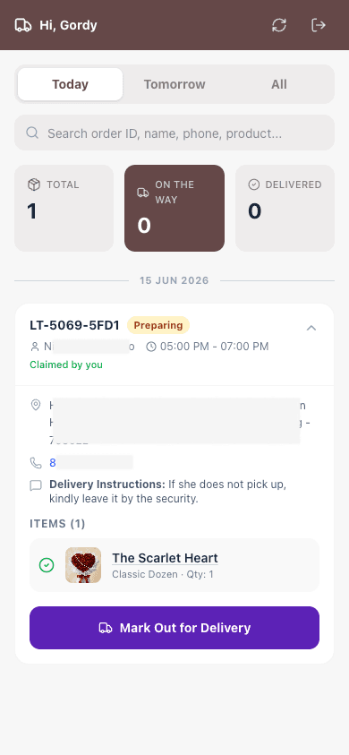 The delivery-partner app showing a claimed order ready to mark out for delivery.