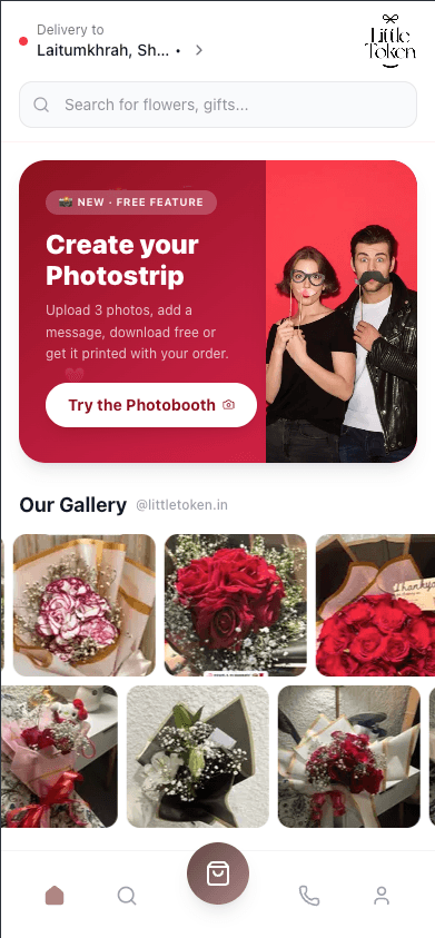 The Little Token customer storefront on a phone, showing the catalog and photo gallery.